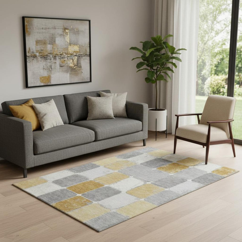 HomeRoots 8' Geometric Washable Round Rug in Gold, Gray & Ivory with UV Protection for High-Traffic Areas 709117