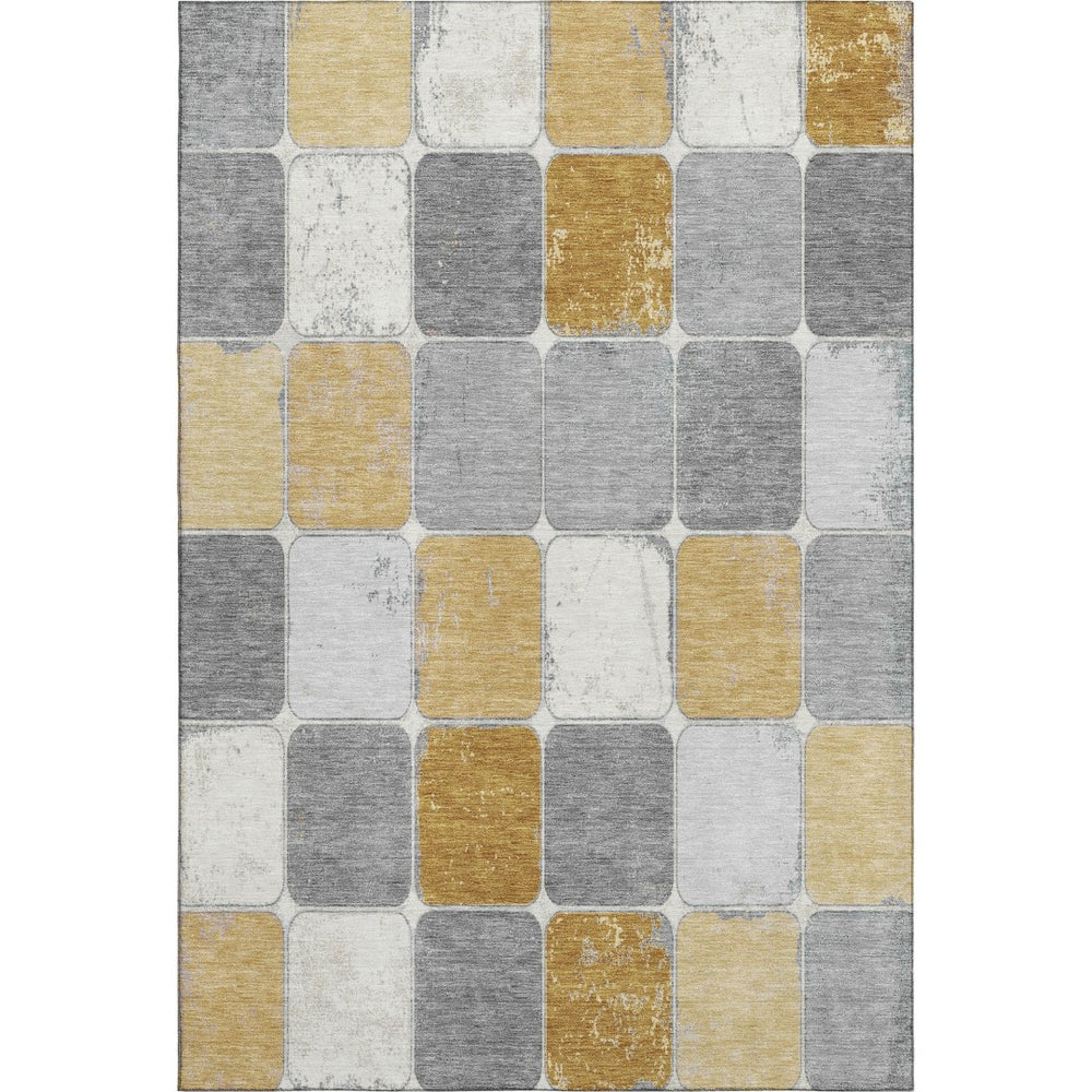 HomeRoots 8' Geometric Washable Round Rug in Gold, Gray & Ivory with UV Protection for High-Traffic Areas 709117