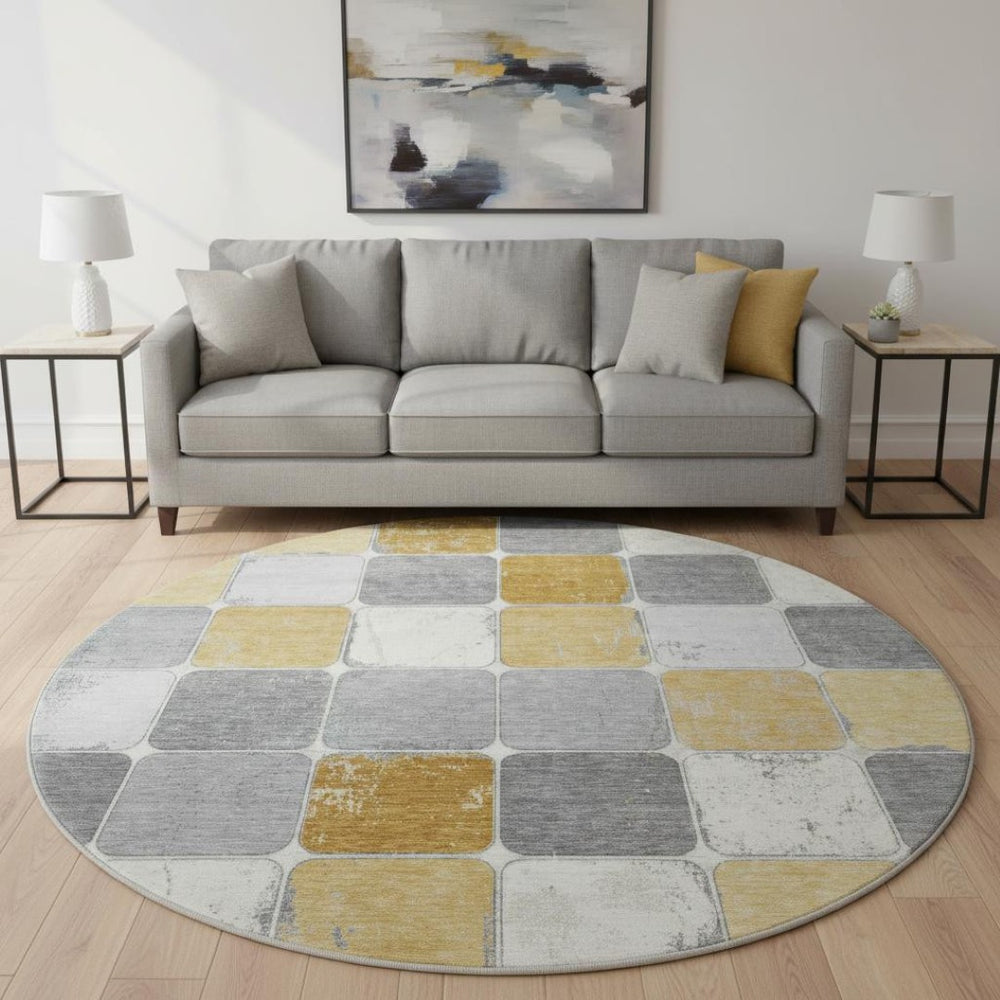 HomeRoots 8' X 10' Geometric Washable Area Rug in Gold, Gray & Ivory - UV Protected, Stain Resistant, Stylish Comfort 709118