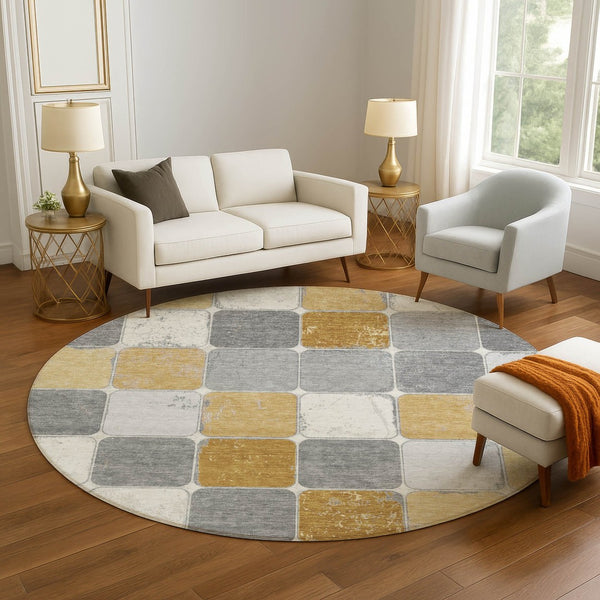 HomeRoots 8' X 10' Geometric Washable Area Rug in Gold, Gray & Ivory - UV Protected, Stain Resistant, Stylish Comfort 709118