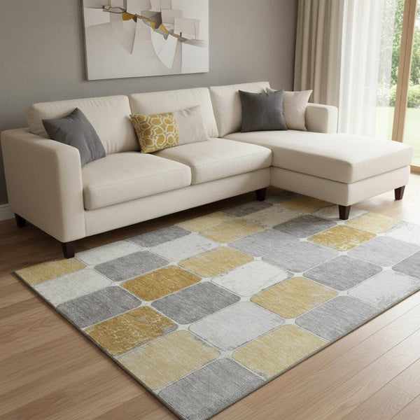HomeRoots 9' X 12' Gold Gray Ivory Geometric Area Rug - Washable, Stain-Resistant, UV Protected for Families 709119