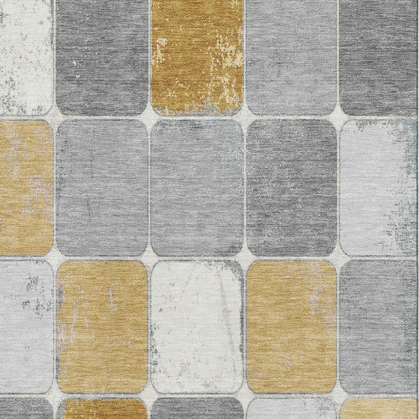 HomeRoots 9' X 12' Gold Gray Ivory Geometric Area Rug - Washable, Stain-Resistant, UV Protected for Families 709119