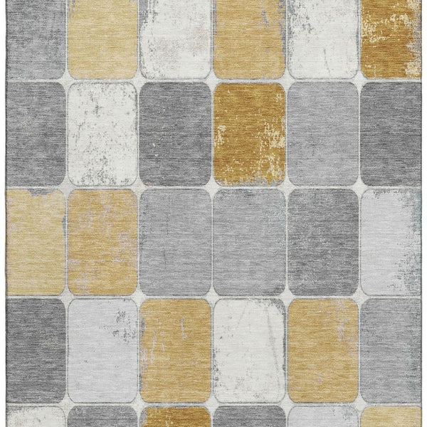 HomeRoots 9' X 12' Gold Gray Ivory Geometric Area Rug - Washable, Stain-Resistant, UV Protected for Families 709119