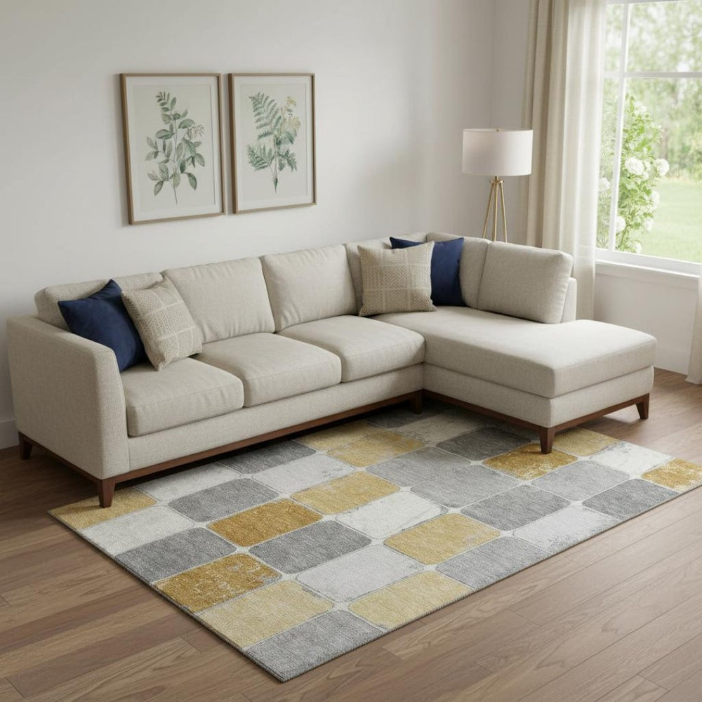 HomeRoots 10' Geometric Washable Area Rug in Gold, Gray & Ivory – Stain & UV Resistant for Busy Homes 709120