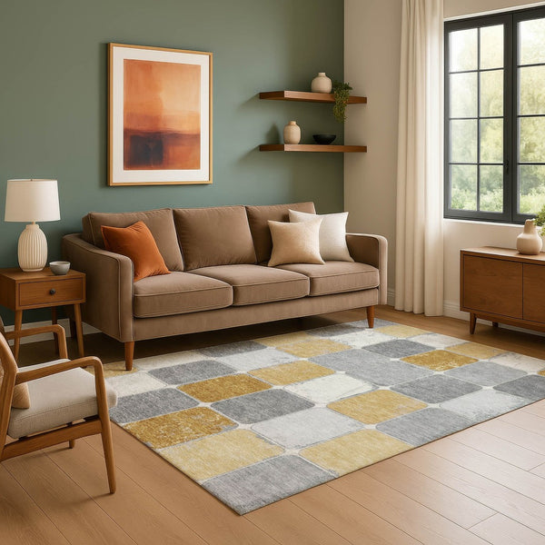 HomeRoots 10' Geometric Washable Area Rug in Gold, Gray & Ivory – Stain & UV Resistant for Busy Homes 709120