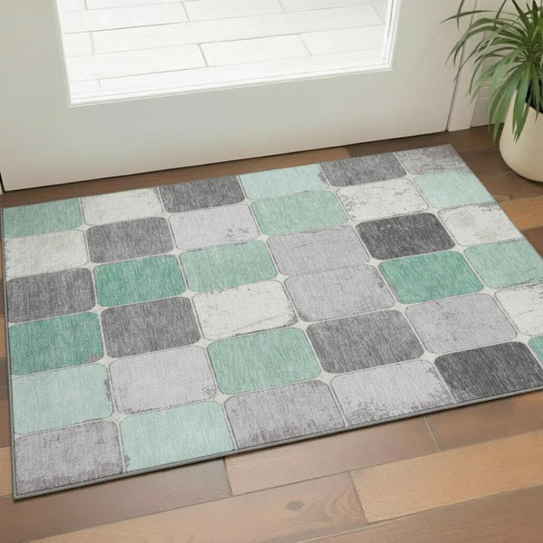 HomeRoots 5' X 8' Washable Mint Green Geometric Area Rug with UV Protection, Non-Slip Backing for Durability 709122