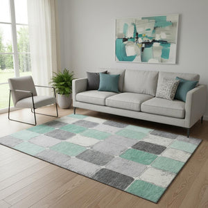 HomeRoots 8' Modern Mint Green, Ivory & Gray Washable Round Area Rug with UV Protection & Non-Slip Backing 709123