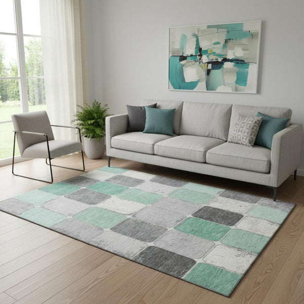 HomeRoots 8' Modern Mint Green, Ivory & Gray Washable Round Area Rug with UV Protection & Non-Slip Backing 709123