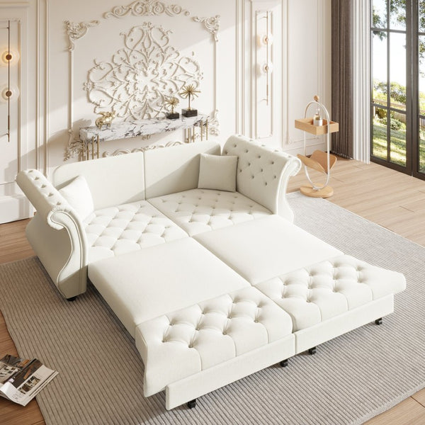 English Elm 83.8" Chesterfield Sleeper Sofa Velvet Upholstered with Flower Tufting for Living Room Beige White W1885S00400