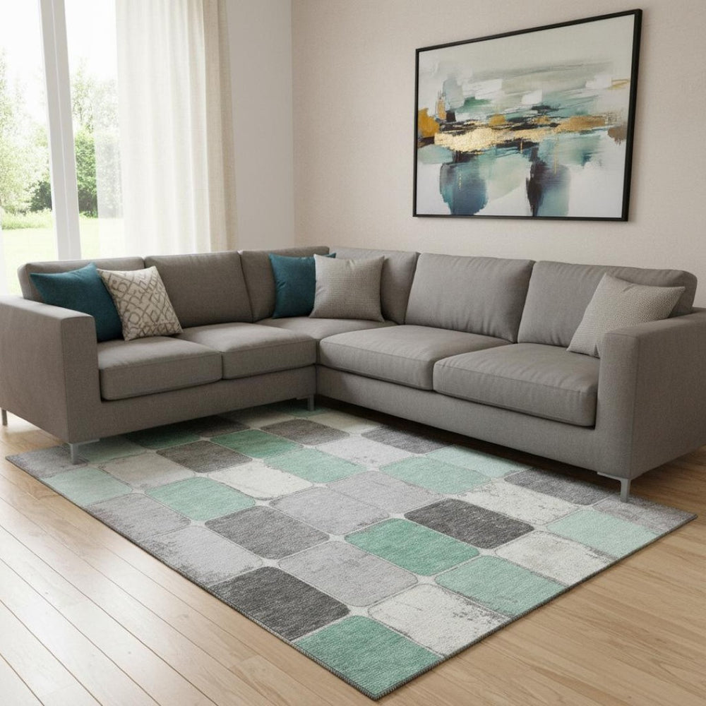 HomeRoots 9' X 12' Mint Green, Ivory & Gray Geometric Area Rug - Washable, UV Protected, & Stylish for Homes 709125