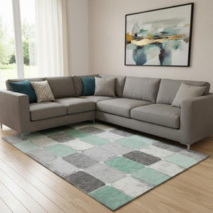 HomeRoots 9' X 12' Mint Green, Ivory & Gray Geometric Area Rug - Washable, UV Protected, & Stylish for Homes 709125