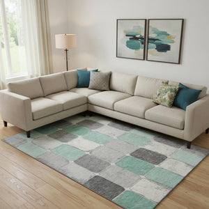HomeRoots 10' Washable Mint Green, Ivory & Gray Geometric Area Rug - Durable, UV-Protected, Non-Slip Design! 709126