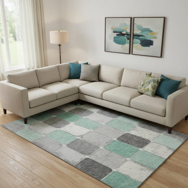 HomeRoots 10' Washable Mint Green, Ivory & Gray Geometric Area Rug - Durable, UV-Protected, Non-Slip Design! 709126