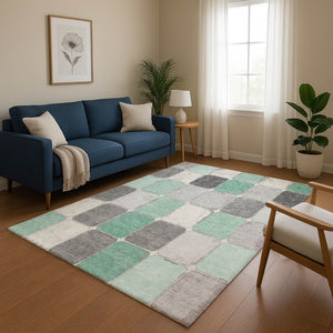 HomeRoots 10' Washable Mint Green, Ivory & Gray Geometric Area Rug - Durable, UV-Protected, Non-Slip Design! 709126