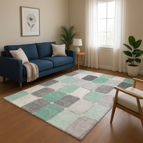 HomeRoots 10' Washable Mint Green, Ivory & Gray Geometric Area Rug - Durable, UV-Protected, Non-Slip Design! 709126