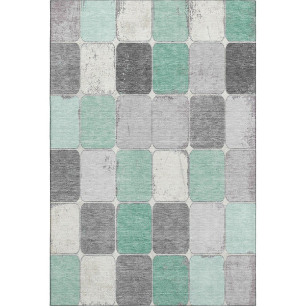 HomeRoots 10' Washable Mint Green, Ivory & Gray Geometric Area Rug - Durable, UV-Protected, Non-Slip Design! 709126