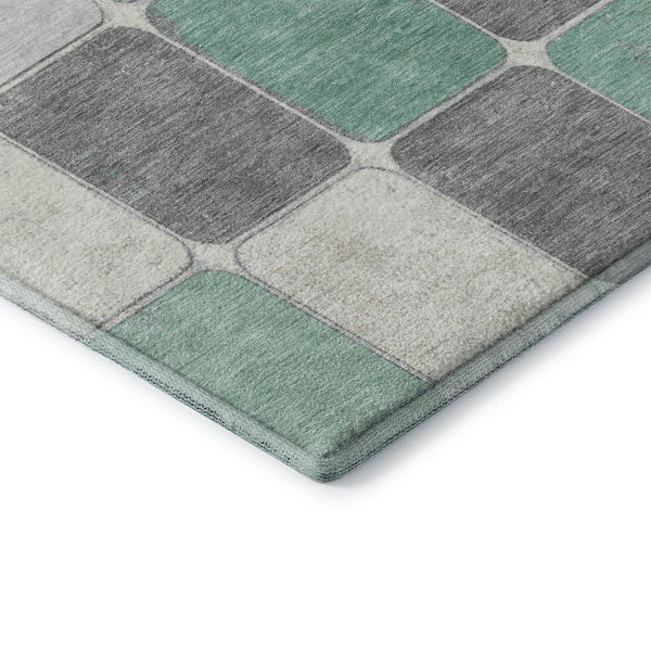 HomeRoots 10' Washable Mint Green, Ivory & Gray Geometric Area Rug - Durable, UV-Protected, Non-Slip Design! 709126