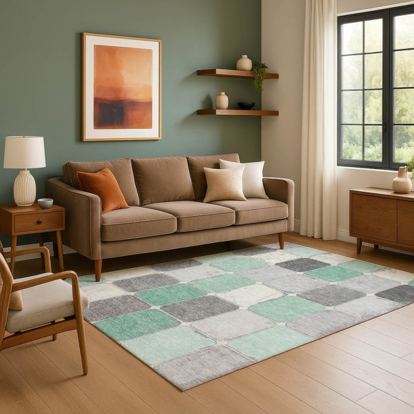 HomeRoots 10' Washable Mint Green, Ivory & Gray Geometric Area Rug - Durable, UV-Protected, Non-Slip Design! 709126