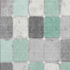 HomeRoots 10' Washable Mint Green, Ivory & Gray Geometric Area Rug - Durable, UV-Protected, Non-Slip Design! 709126