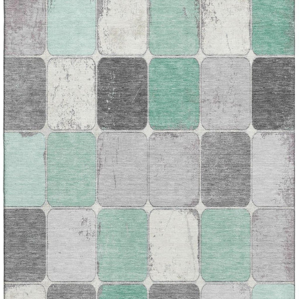 HomeRoots 10' Washable Mint Green, Ivory & Gray Geometric Area Rug - Durable, UV-Protected, Non-Slip Design! 709126