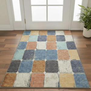 HomeRoots 5' X 8' Rust Blue and Ivory Geometric Area Rug - Washable, UV Protected, Perfect for Busy Homes! 709128