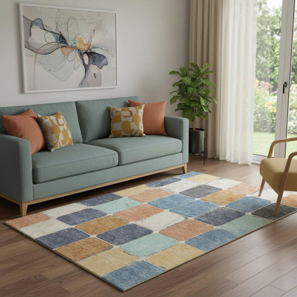 HomeRoots 8' Stylish Rust, Blue & Ivory Geometric Round Rug - Washable, UV-Protected, Ideal for Families & Pets 709129
