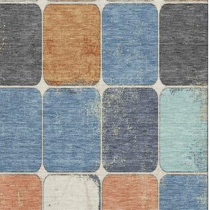 HomeRoots 8' Stylish Rust, Blue & Ivory Geometric Round Rug - Washable, UV-Protected, Ideal for Families & Pets 709129
