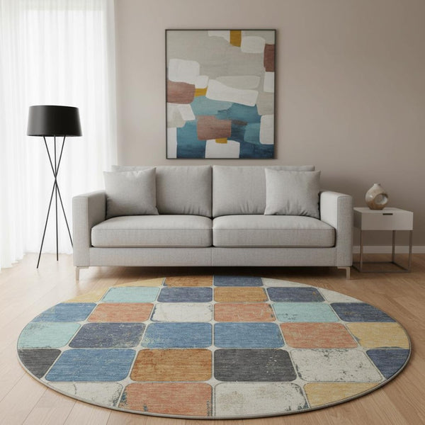 HomeRoots 8' X 10' Washable Geometric Area Rug in Rust, Blue & Ivory – Durable, UV-Protected & Pet-Friendly! 709130