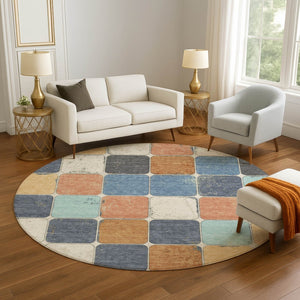 HomeRoots 8' X 10' Washable Geometric Area Rug in Rust, Blue & Ivory – Durable, UV-Protected & Pet-Friendly! 709130