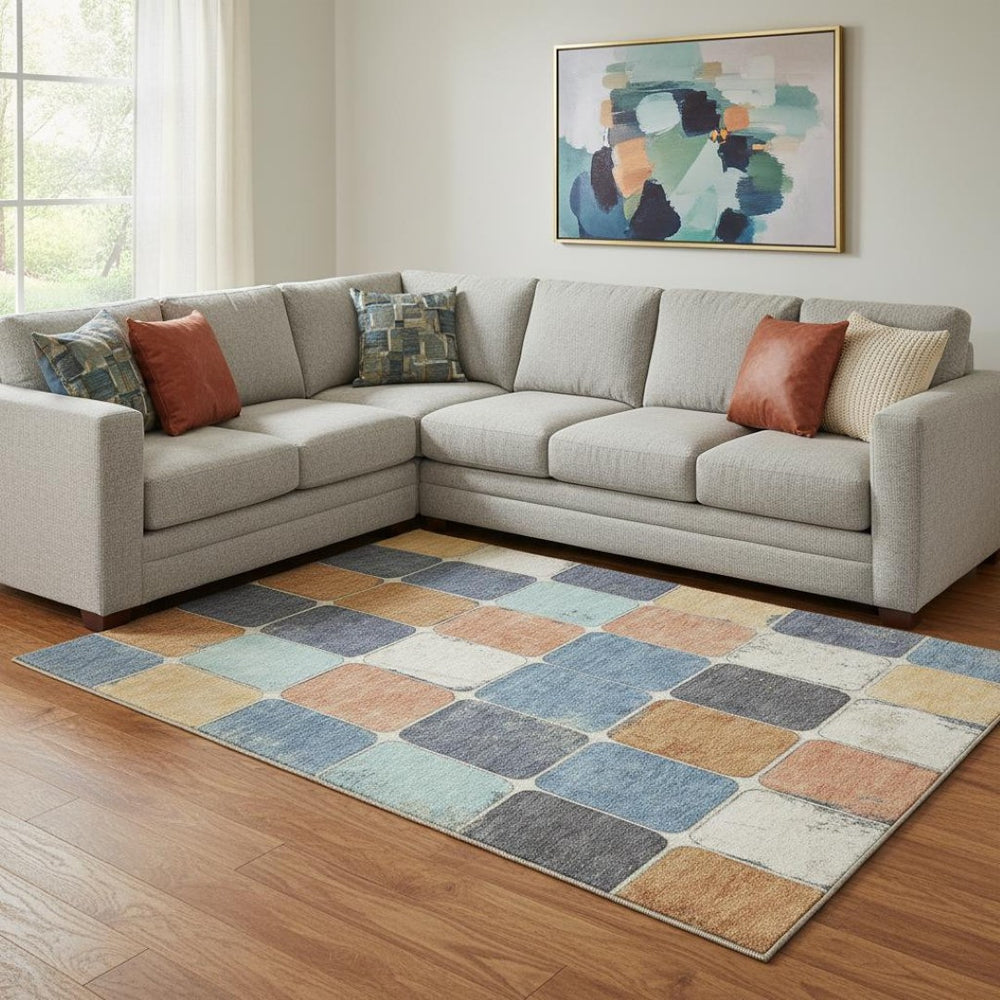HomeRoots 9' X 12' Stylish Rust Blue and Ivory Geometric Area Rug – Washable, UV Protected, Stain Resistant! 709131