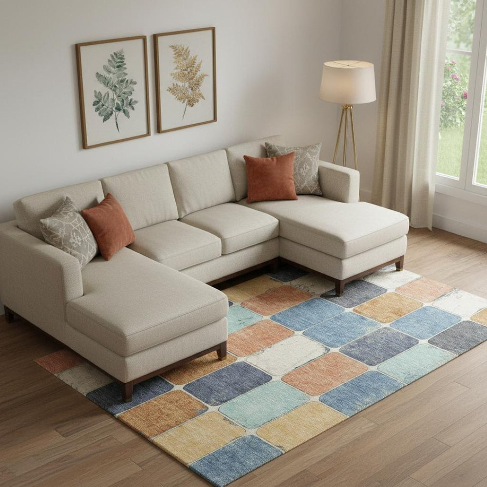 HomeRoots 10' X 14' Modern Rust Blue Ivory Geometric Area Rug – Washable, UV Protected & Stain Resistant Design 709132
