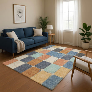 HomeRoots 10' X 14' Modern Rust Blue Ivory Geometric Area Rug – Washable, UV Protected & Stain Resistant Design 709132