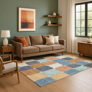 HomeRoots 10' X 14' Modern Rust Blue Ivory Geometric Area Rug – Washable, UV Protected & Stain Resistant Design 709132