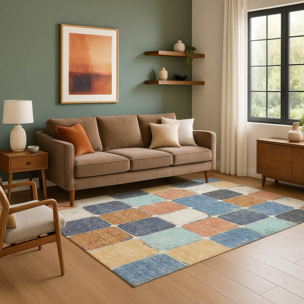 HomeRoots 10' X 14' Modern Rust Blue Ivory Geometric Area Rug – Washable, UV Protected & Stain Resistant Design 709132