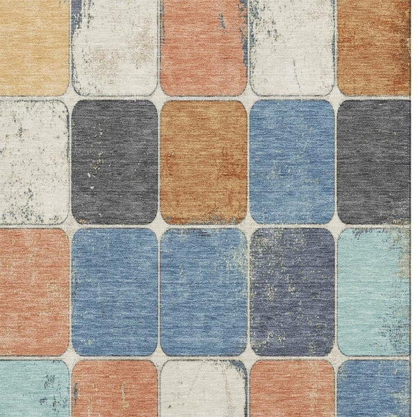 HomeRoots 10' X 14' Modern Rust Blue Ivory Geometric Area Rug – Washable, UV Protected & Stain Resistant Design 709132