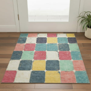 HomeRoots 5' X 8' Geometric Washable Area Rug in Teal, Blush & Yellow - UV Protected, Non-Slip, Durable Design 709134