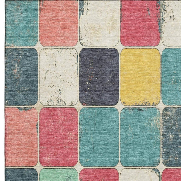 HomeRoots 5' X 8' Geometric Washable Area Rug in Teal, Blush & Yellow - UV Protected, Non-Slip, Durable Design 709134