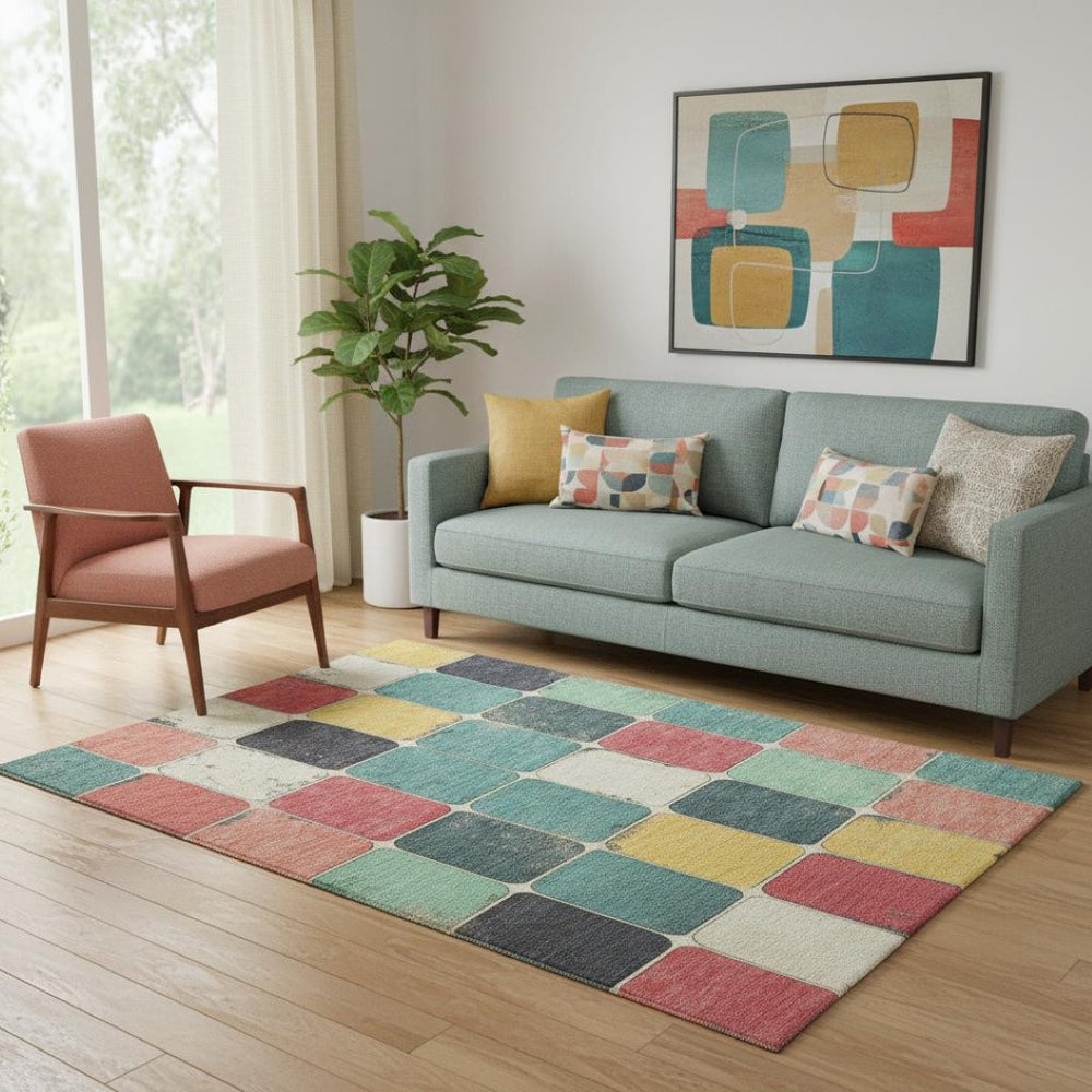 HomeRoots 8' Modern Geometric Round Rug in Teal, Blush & Yellow - Washable, UV Protected & Non-Slip Design 709135