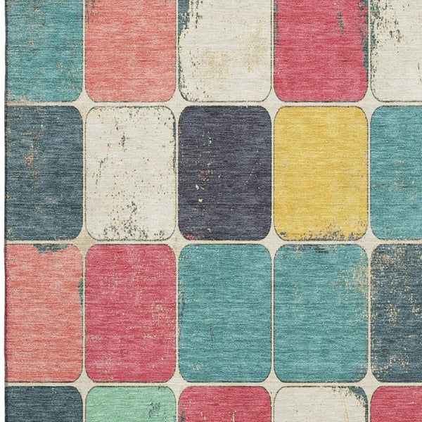 HomeRoots 8' Modern Geometric Round Rug in Teal, Blush & Yellow - Washable, UV Protected & Non-Slip Design 709135