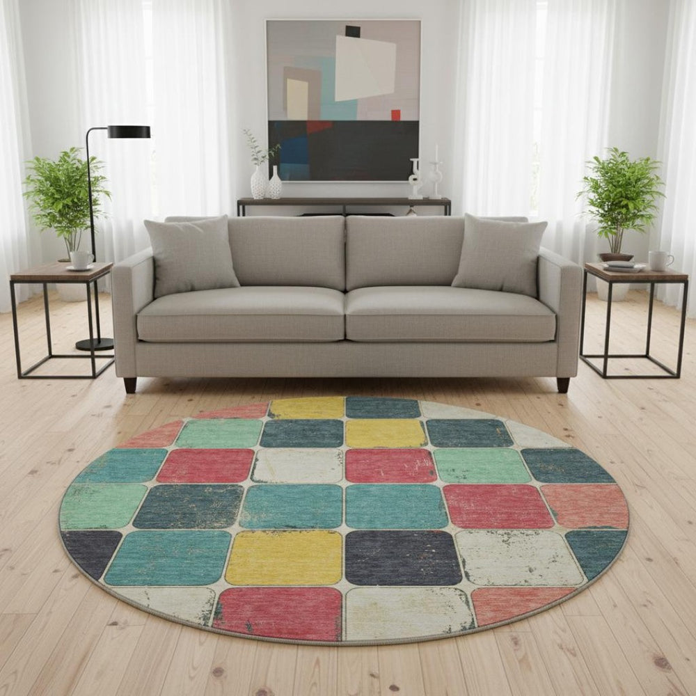 HomeRoots 8' X 10' Vibrant Teal Blush Yellow Geometric Area Rug - Washable, UV Protected & Family-Friendly! 709136