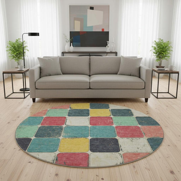 HomeRoots 8' X 10' Vibrant Teal Blush Yellow Geometric Area Rug - Washable, UV Protected & Family-Friendly! 709136