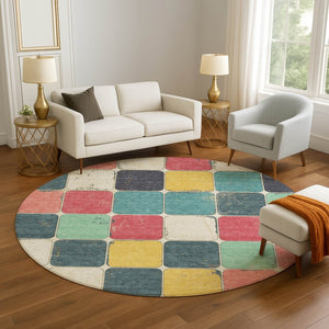 HomeRoots 8' X 10' Vibrant Teal Blush Yellow Geometric Area Rug - Washable, UV Protected & Family-Friendly! 709136