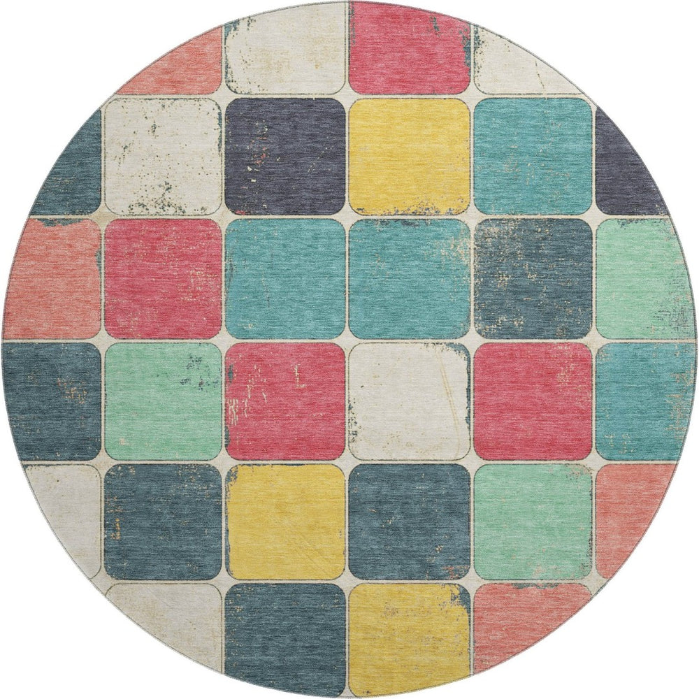 HomeRoots 8' X 10' Vibrant Teal Blush Yellow Geometric Area Rug - Washable, UV Protected & Family-Friendly! 709136