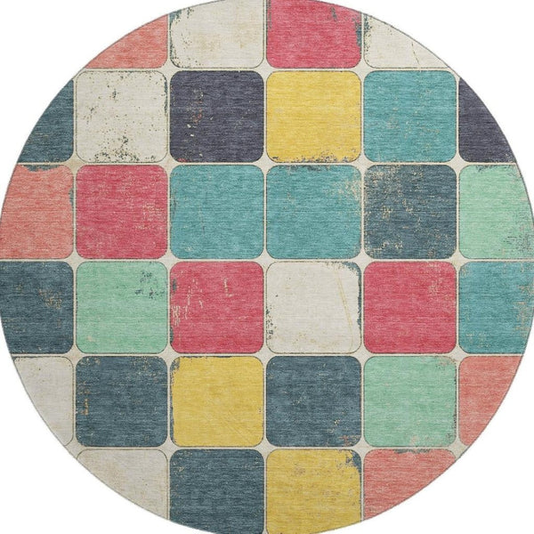HomeRoots 8' X 10' Vibrant Teal Blush Yellow Geometric Area Rug - Washable, UV Protected & Family-Friendly! 709136