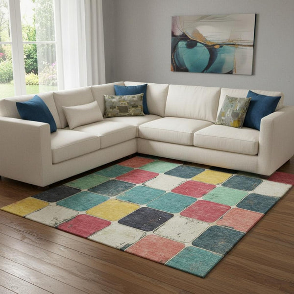 HomeRoots 9' X 12' Stylish Teal Blush Yellow Geometric Area Rug - Washable, UV Protected & Stain Resistant! 709137