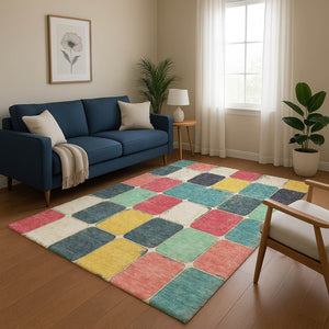 HomeRoots 9' X 12' Stylish Teal Blush Yellow Geometric Area Rug - Washable, UV Protected & Stain Resistant! 709137