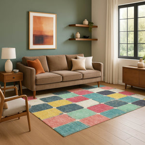 HomeRoots 9' X 12' Stylish Teal Blush Yellow Geometric Area Rug - Washable, UV Protected & Stain Resistant! 709137