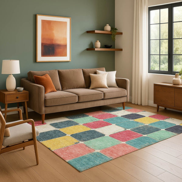 HomeRoots 9' X 12' Stylish Teal Blush Yellow Geometric Area Rug - Washable, UV Protected & Stain Resistant! 709137