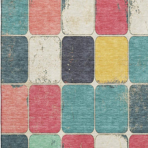 HomeRoots 9' X 12' Stylish Teal Blush Yellow Geometric Area Rug - Washable, UV Protected & Stain Resistant! 709137