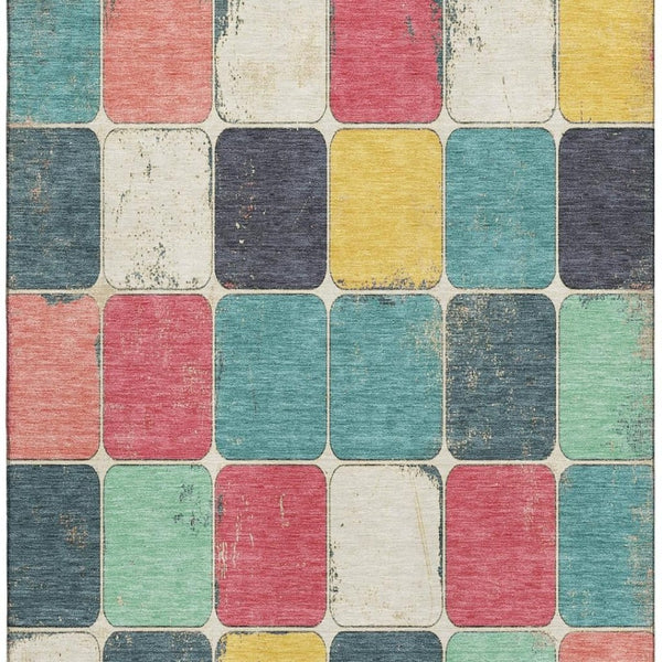 HomeRoots 9' X 12' Stylish Teal Blush Yellow Geometric Area Rug - Washable, UV Protected & Stain Resistant! 709137